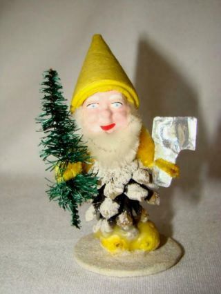 Vintage Christmas Yellow Spun Cotton Pine Cone Elf Decoration West Germany
