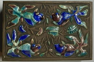 Vintage Cloisonne Enamel Match Box Holder Case - Flower Fish 2 Sided A27