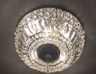 Vintage French Flush Mount Crystal Beaded Chandelier Basket Brass 18” 6 Light