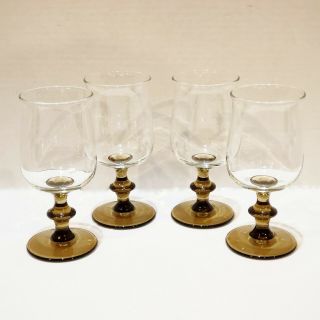 Set Of 4 Vintage Amber Crystal Wine Glasses With Brown Stems
