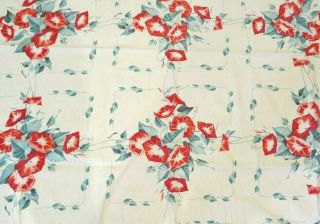 Vintage Mid Century Red Morning Glory Flower Print Cotton Tablecloth,  Wilendur