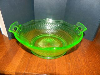 Vintage Uranium Vaseline Green Depression Glass Swirl Handled Bowl