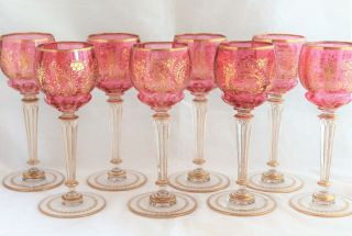 Antique Set 8 Bohemian Moser Cranberry Engraved Gold Gilt Glass Wine Goblets