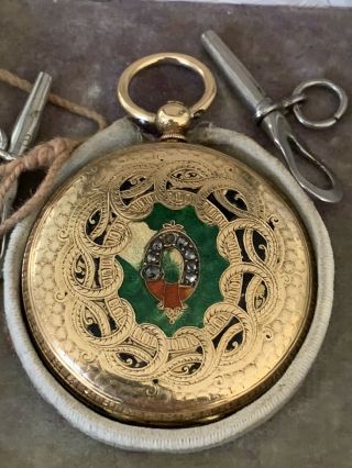 Antique 1860’s Patek Solid 18k Gold Key Wind Pocketwatch Enamel And Diamonds Nr