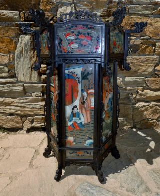 Rare 19th Century Antique Chinese Carved Wood And Painted Glass Palace Lantern