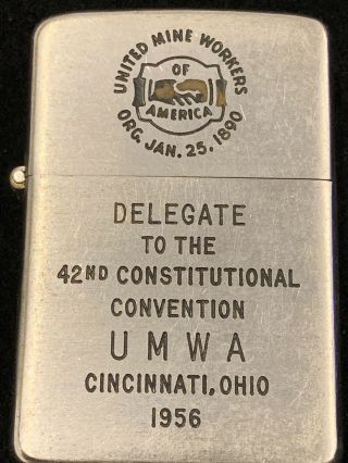 1956 Zippo Lighter - United Mine Workers 42nd Convention Delegate Cincinnati,  Oh