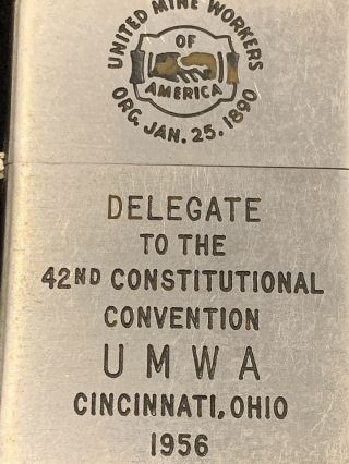 1956 Zippo Lighter - United Mine Workers 42nd Convention Delegate Cincinnati,  OH 2