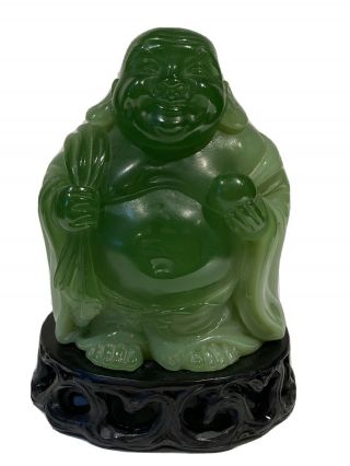 Vintage Jade Green Resin Buddha Figurine Statue Smiling On Carved Base 5.  5 "