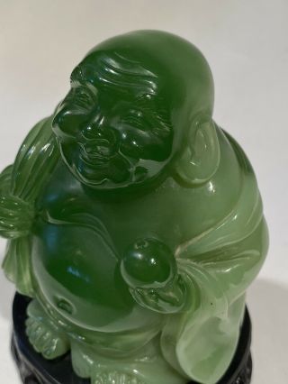Vintage Jade Green Resin Buddha Figurine Statue Smiling on Carved Base 5.  5 