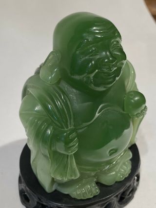 Vintage Jade Green Resin Buddha Figurine Statue Smiling on Carved Base 5.  5 
