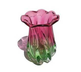 Vintage Teleflora Hand Blown Glass Vase Cranberry Pink Green Ruffled 7.  5” Tall
