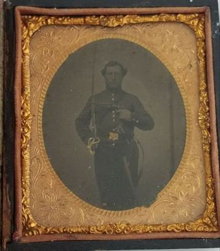 Civil War Soldier Photo Tintype Triple - Armed Antique Rare Sword Gun