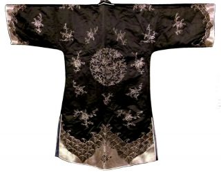 Antique Chinese Silk Embroidery Gold Robe Embroidered Late Qing Black Coat Metal