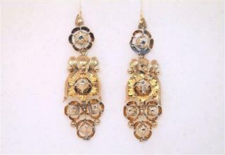 Pretty Antique European 14k Gold Rose Cut Diamond Flower Earrings