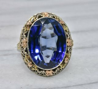 Antique 14k White Yellow Gold Filigree Flame Fusion Synthetic Sapphire Ring 7