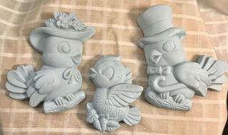 Vintage Anthropomorphic Blue Bird Family Baby Ceramic Wall Hanging Plaques