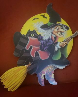 Vintage Beistle Co 18” Witch On Broom W/cat & Full Moon Halloween Die Cut Decora