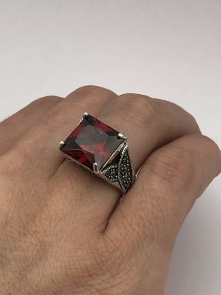 Vintage 925 Sterling Silver Marcasite Red Color Stone Ring Size 7 (7.  9 Grams