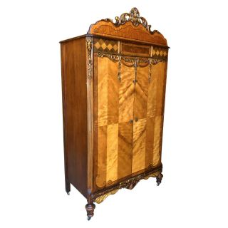 Antique Victorian Heavily Carved Burl Walnut Cedar Lined Armoire Wardrobe