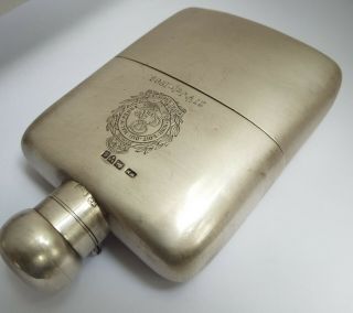 Large V Heavy English Antique 1905 Solid Silver Hip Spirit Flask With Cup