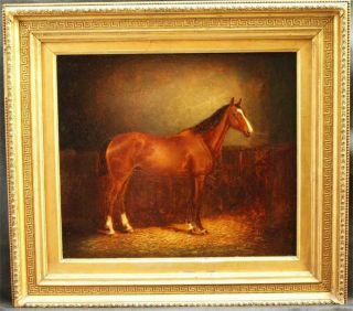 Fine 19th Century Chestnut Bay Portrait Horse Stable Antique Oil Painting