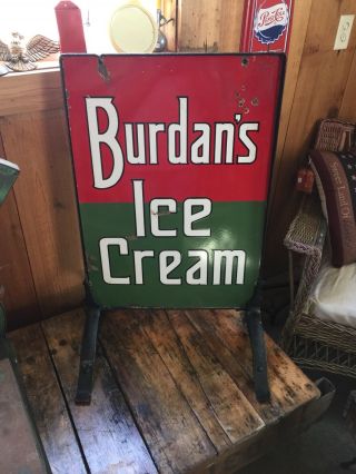 Antique Rare Double Sided Burdans Ice Cream Sign With Cast Iron Stand.