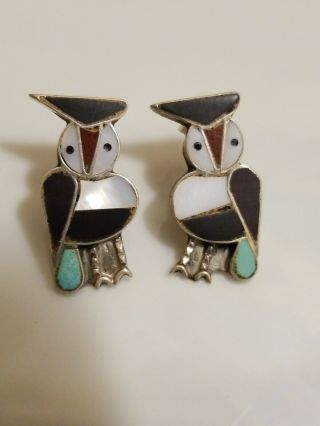 Vtg Zuni Native American Sterling Silver Onyx Turquoise Mop Owl Earrings 925
