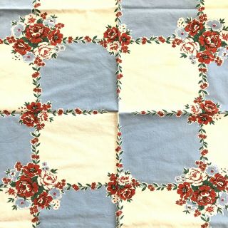 Vtg Floral Print Tablecloth Picnic Blue White Red Pink Flowers Cotton 1950s