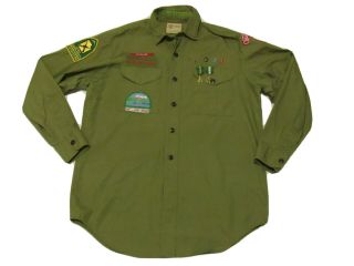 Vintage Boy Scouts Official Shirt Long Sleeve Green Patches Pins Sanforized L