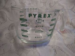 Vintage Pyrex Glass 1 Quart 4 Cup Measuring Cup Bowl Clear Green - Euc