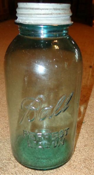 Old Vintage Big Half Gallon Blue Glass Ball Mason Canning Jar Zinc Lid 5 Zink