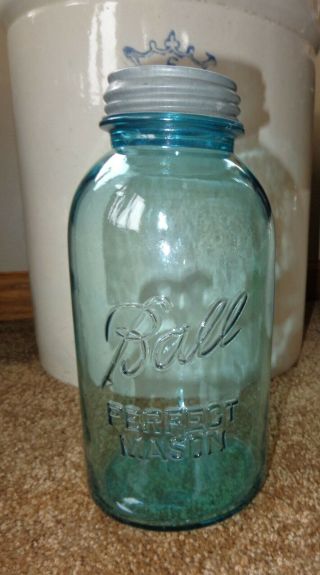 Old Vintage Big Half Gallon Blue Glass Ball Mason Canning Jar Zinc Lid 0 Zink