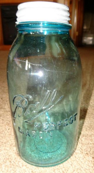 Old Vintage Big Half Gallon Blue Glass Ball Offset Mason Canning Jar Zinc Lid 2b