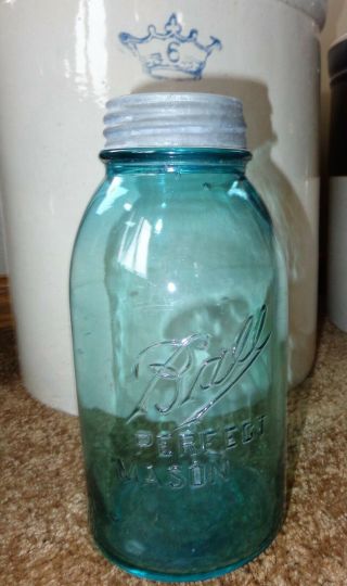 Old Vintage Big Half Gallon Blue Glass Ball Offset Mason Canning Jar Zinc Lid 2i