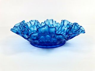 Vintage Fenton Rare Brilliant Blue Glass Hobnail 8” Bowl Dish Crimped Ruffled
