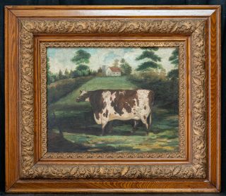 Antique American Folk Art Oil Painting " Portrait Of Cow "