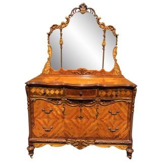 Antique Victorian Heavily Carved Burl Walnut Mirrored Dresser