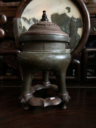 Old Estate Chinese Ming Bronze Incense Burner Huanghuali Top Stand Asian China