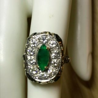 Estate Art Deco 14k White Gold Emerald And Diamond Ring Size 6