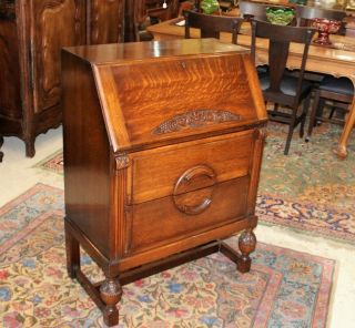 English Antique Oak Art Deco Front Drop Desk | Home Office Furniture Cabinet