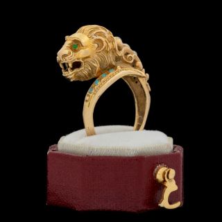 Antique Vintage Deco 18k Gold Colombian Emerald Persian Turquoise Lion Ring Sz 6
