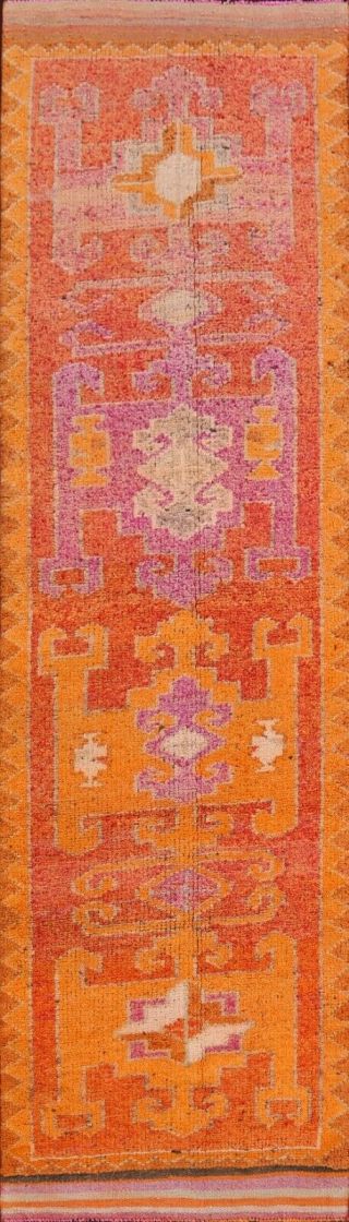 Vintage Geometric 11 Ft Oushak Turkish Hand - Knotted Runner Rug Hallway Wool 3x11