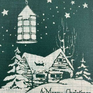 Vintage Mid Century Christmas Greeting Card Dark Green Night Sky Log Cabin Trees