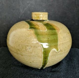 Vintage Studio Pottery Tan And Green Drip Glaze Weed Pot Bud Vase
