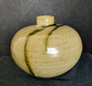 Vintage Studio Pottery Tan And Green Drip Glaze Weed Pot Bud Vase 3