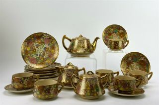 Antique 24pc Japanese Satsuma Thousand Flowers Gold Gilt Porcelain Tea Set Sjs