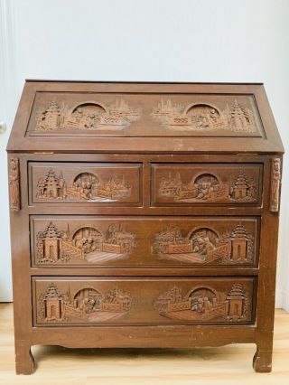 Chinese Hong Kong Hand Carved Wood Chest By George Zee &co.  With Drop Front Desk