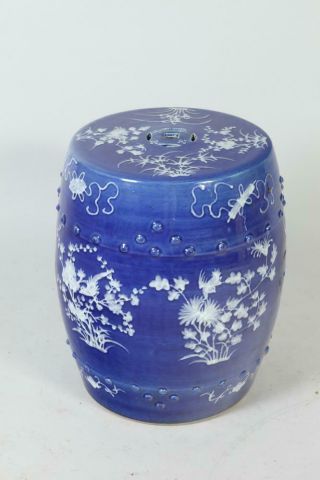 Old Chinese Blue Glaze Garden Seat With White Flower Decorations,  Late 19th C