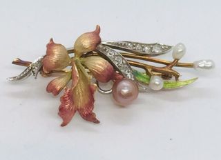 Antique Victorian 18k Yellow Gold Diamond Pearl Enamel Flower Pin Pendant