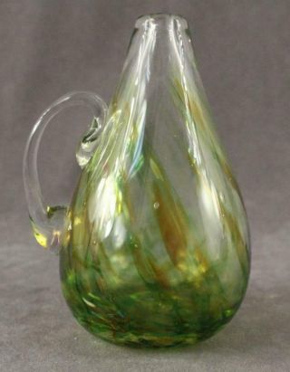 Vintage Studio Artisan Hand Blown Art Glass Mcm Green & Gold Swirl Oil Lamp Vase